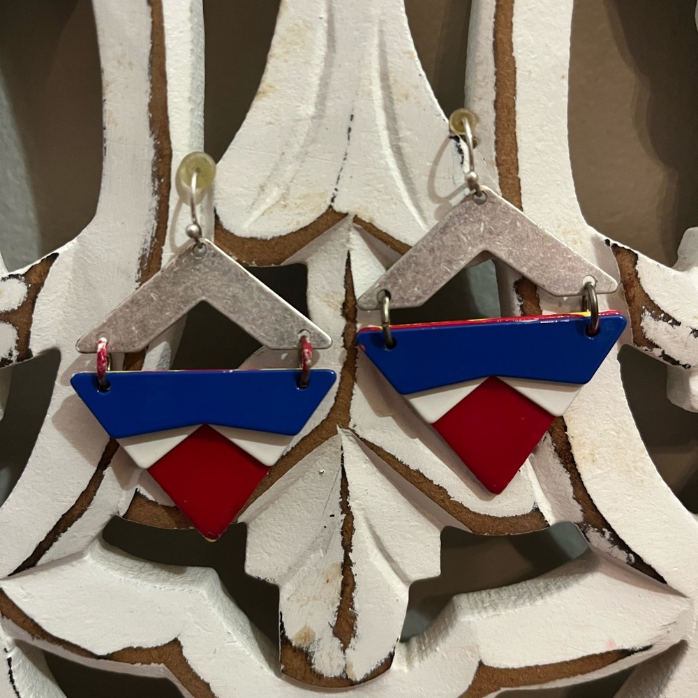 Abstract red white blue metal dangle earrings